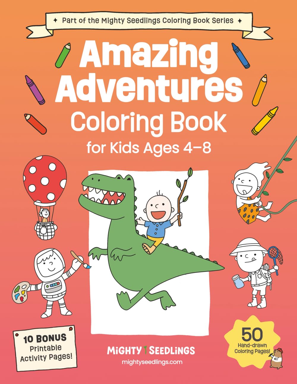 Book Cover for Amazing Adventures Coloring Book for kids Ages 4-8 featuring a child on a dinosaur and 50 hand-drawn coloring pages