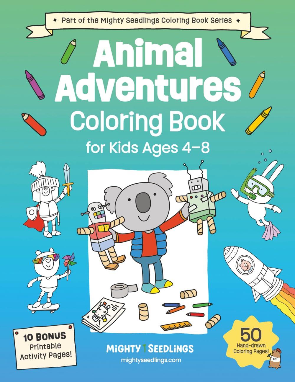 Coloring book cover titled 'Animal Adventures' for kids ages 4-8, featuring illustrations of a koala and robots on a blue background.