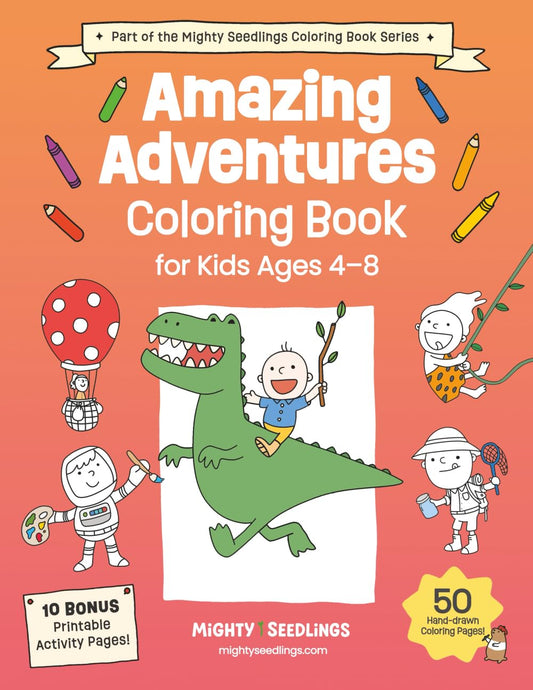 Book Cover for Amazing Adventures Coloring Book for kids Ages 4-8 featuring a child on a dinosaur and 50 hand-drawn coloring pages