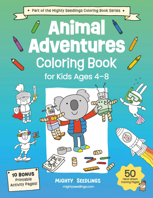 Coloring book cover titled 'Animal Adventures' for kids ages 4-8, featuring illustrations of a koala and robots on a blue background.
